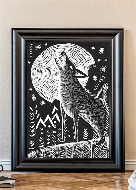 Black and White Wolf Folk Art Print – InkAndDrop