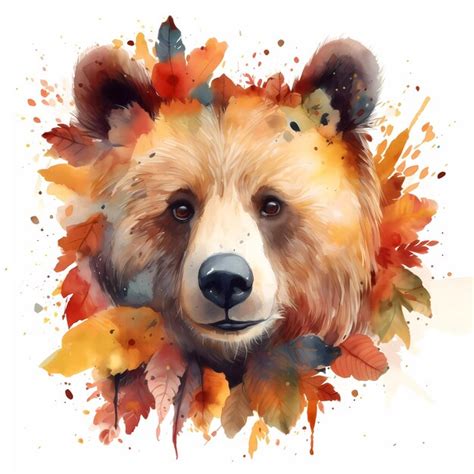 Premium AI Image | A watercolor painting of a bear with leaves on it