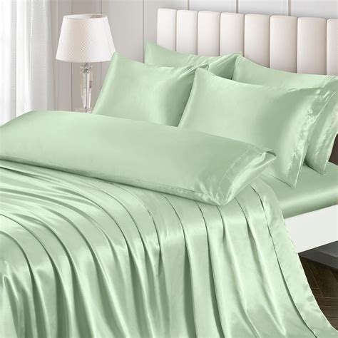 Amazon.com: Ersmak 7 Pieces Satin Sheets Set Queen Size, Luxury Silky Sage Green Satin Bed ...