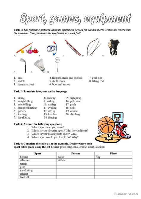 Sport, games, equipment: English ESL worksheets pdf & doc