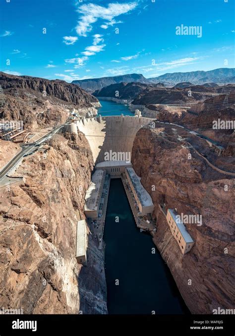 View from the Hoover Dam Bypass Bridge to the dam of the Hoover Dam, Hoover-Dam, Colorado River ...