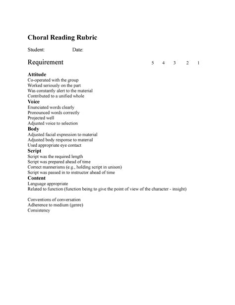 Choral Reading Rubric - jaghfgwdf - Choral Reading Rubric Student: Date ...