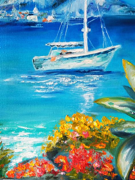 Boat Painting Original Art Seascape Mountains Beach Wall Art | Etsy