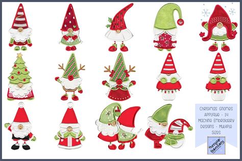 Christmas Gnomes Applique - 14 Machine Embroidery Designs (390561) | Designs | Design Bundles