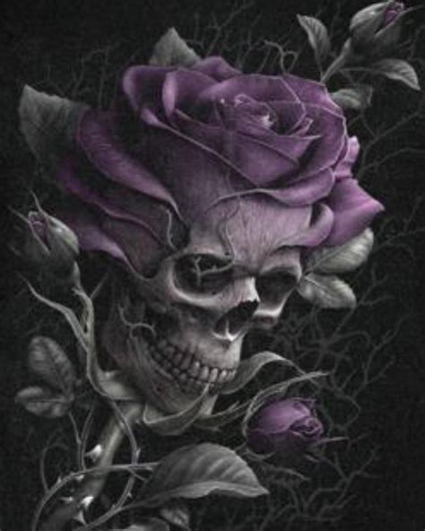 A macabre yet beautiful design fusing a gothic skull and the delicate purple petals of an ...