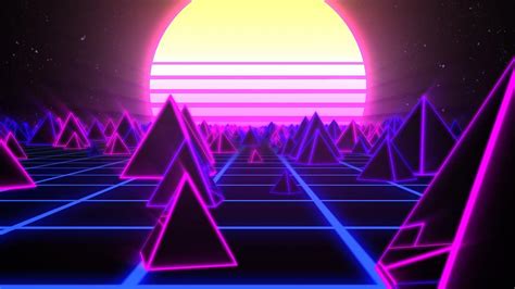 Retro Pyramids on 80s Synthwave Neon Landscape with Glowing Sun Digital Art by IncrediVFX Store ...