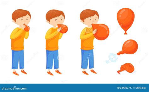 Kid Blowing Balloon. Cartoon Child Boy Inflate Balloons, Children Blow Up Air Ball Toy for ...