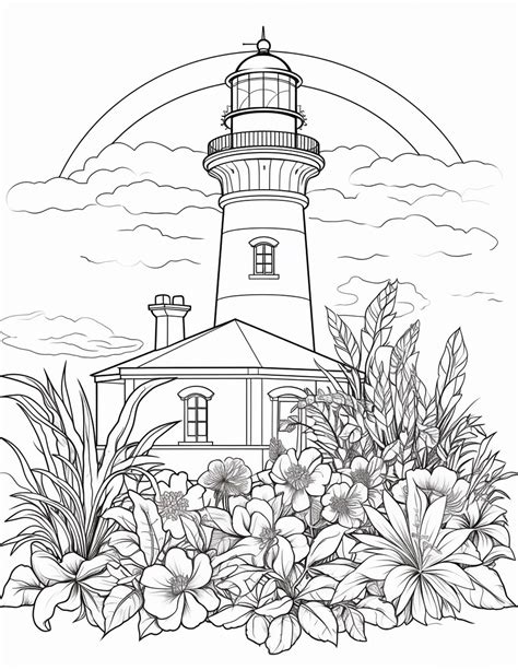 a lighthouse surrounded by flowers and plants with the sun in the background coloring page for ...