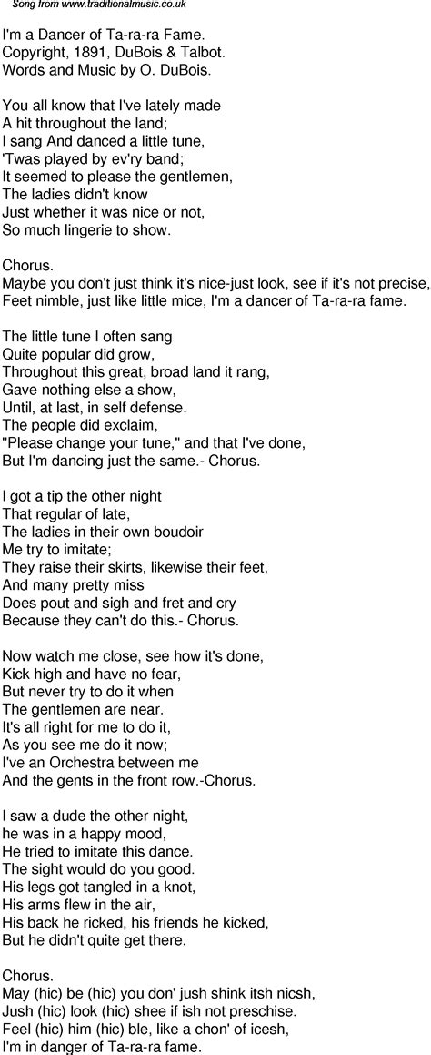 Old Time Song Lyrics for 43 I'm A Dancer Of Ta Ra Ra Fame