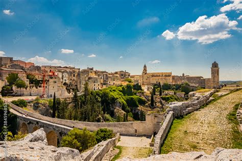 Gravina in Puglia, Italy. The stone bridge, ancient aqueduct and viaduct. Across the valley the ...