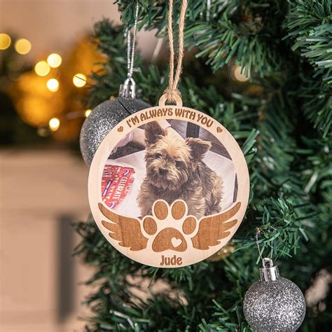 Custom Pet Memorial Ornament with Photo and Name, Wooden Remembrance Paw Print Angel Wings Pet ...