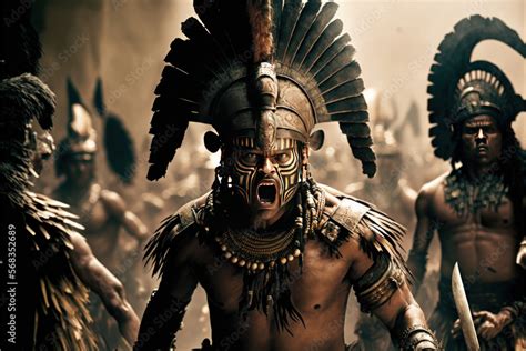 Traditional fierce Aztec warrior shouting a war cry in headdresses, intricate tattoos and paint ...