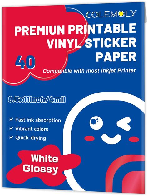 Amazon.com : Colemoly Sticker Paper Glossy Printable Vinyl for Inkjet Printer 40 Adhesive Sheets ...