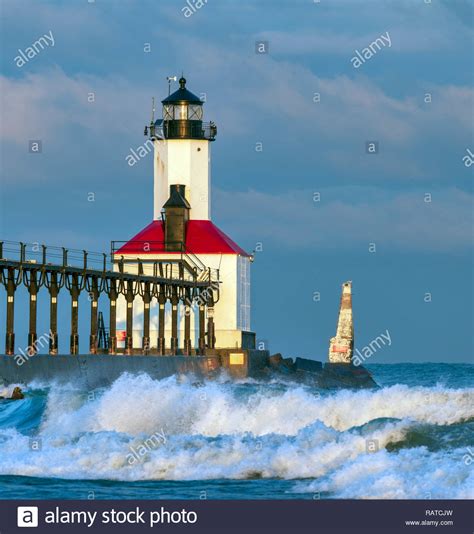 The Michigan City, Indiana lighthouse and outer pier marker on the ...