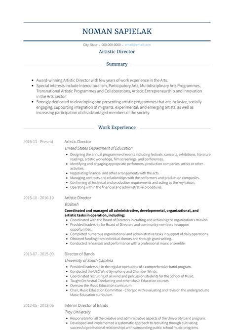 Artistic Director - Resume Samples and Templates | VisualCV