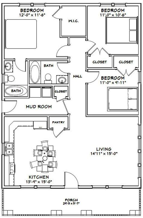 30x40 House 3-bedroom 2-bath 1,200 Sq Ft PDF Floor Plan Instant ...