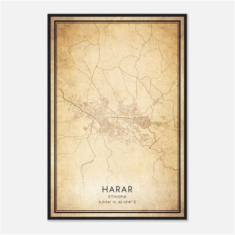 Vintage Harar Ethiopia Map Poster, Harar City Road Wall Art Print - Custom Maps & Posters