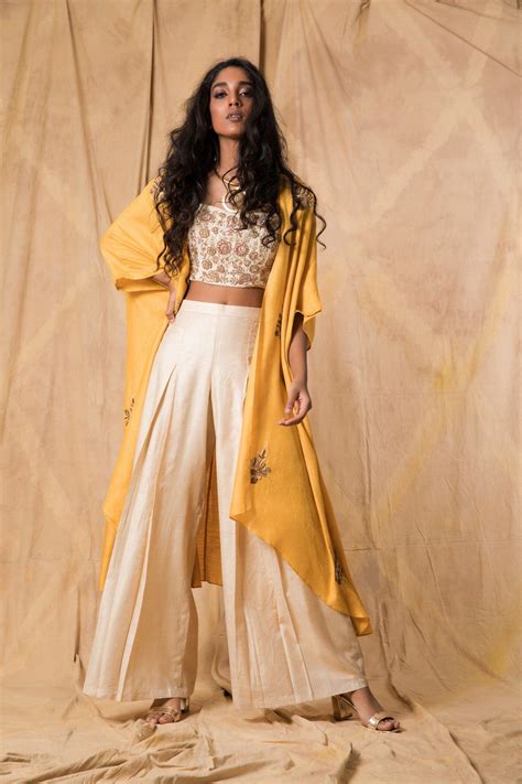 IVORY & MUSTARD TUSSAR CAPE WITH PALAZZO DESIGNER | Trendy outfits ...