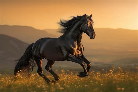 Premium Photo | Black horse galloping across golden meadows at sunset generative IA