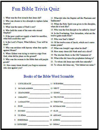 the fun bible trivia quiz is shown in blue and white, with words on it