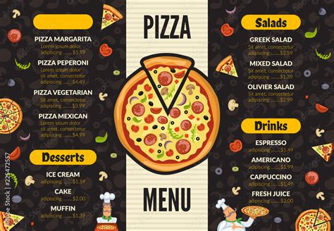 Pizzeria menu template. Italian kitchen cuisine food pizza ingredients cooking lunch and ...