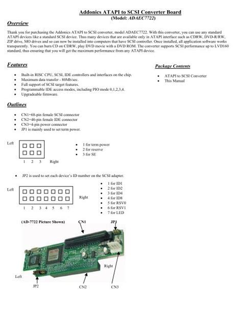 Addonics ATAPI to SCSI Converter Board Overview Features Outlines