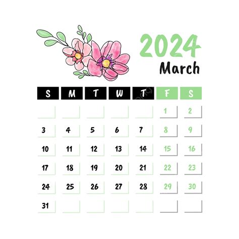 Floral Monthly Calendar For March 2024 Vector, March Floral Calendar ...