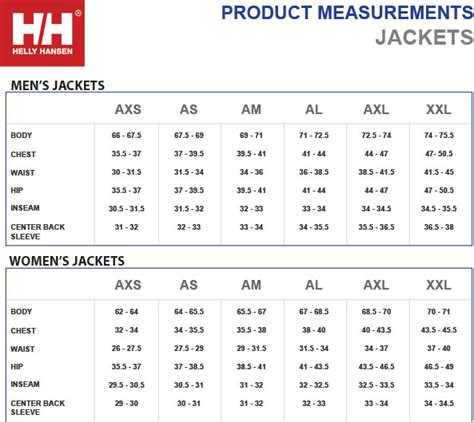 HELLY HANSEN JACKET SIZING CHART-www.amerasport.com