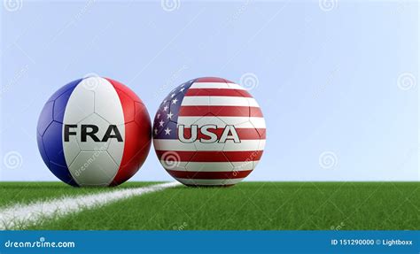 France Vs. USA Soccer Match - Soccer Balls in France and USA National Colors on a Soccer Field ...