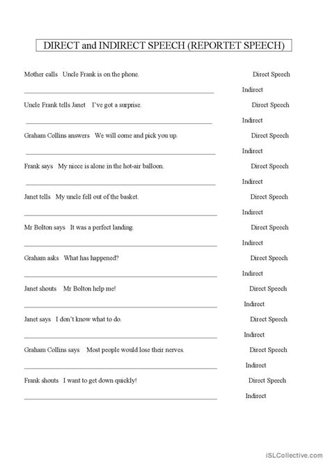 Direct and Indirect Speech: English ESL worksheets pdf & doc