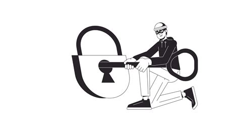 Cyber criminal unlocking lock with key in keyhole bw outline 2D character animation ...