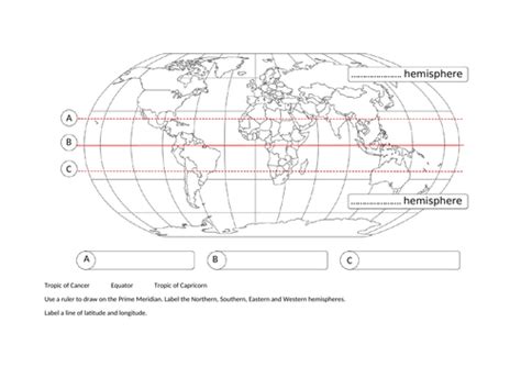 Blank World Map to label continents and oceans + latitude longitude equator hemisphere and ...