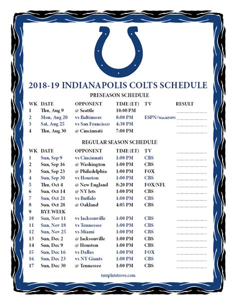 Printable 2018-2019 Indianapolis Colts Schedule