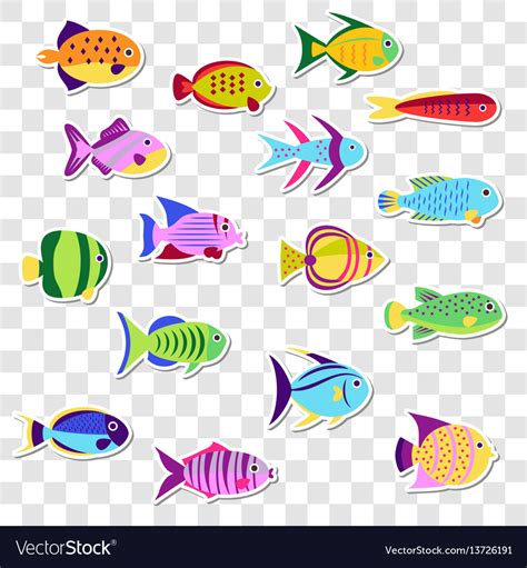 Cute stickers of sea marine fish set o Royalty Free Vector