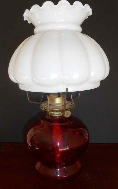 VINTAGE OIL LAMP Red base milk glass scalloped globe kerosene