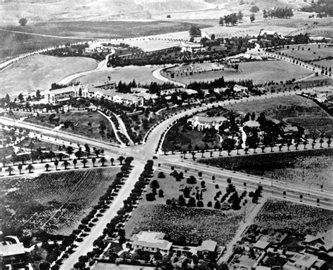 Aerial view of Beverly Hills where three roads meet near the Beverly ...