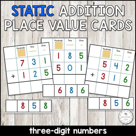 Static Addition Place Value Operation Math Cards Three Digit Numbers - Montessori Nature Printables