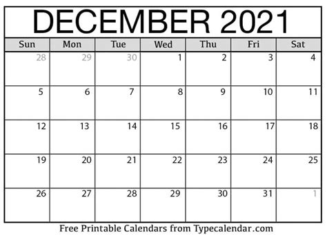 Free Printable December 2021 Calendars