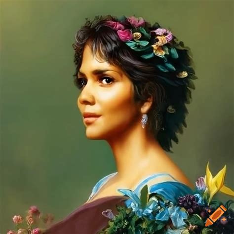 Painting of halle berry in a flower garden on Craiyon