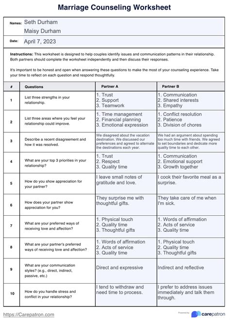 Marriage Counseling Worksheet & Example | Free PDF Download