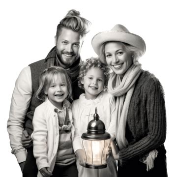 Black And White Portrait Of Happy Family Posing At Christmas Tree With Lanterns, Happy Family ...