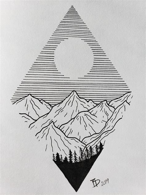 a black and white drawing of mountains with trees in the foreground, and a half moon above them