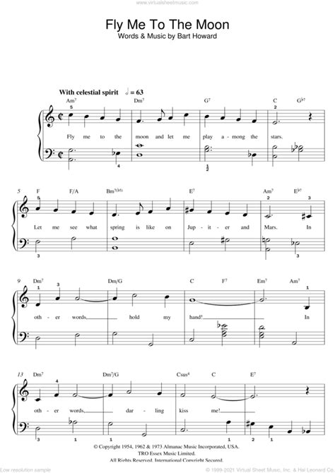 Fly Me To The Moon (In Other Words) sheet music (beginner) for piano ...