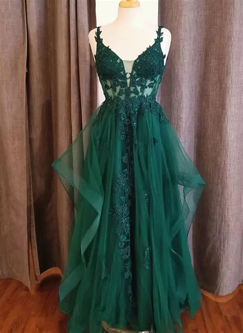 Dark Green Tulle V-neckline Straps with Lace Party Dress, Dark Green P ...