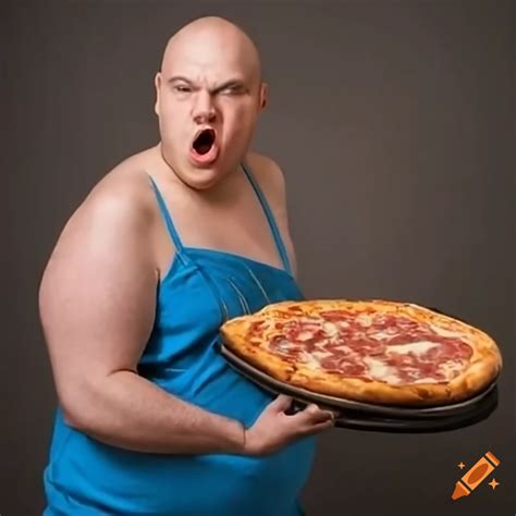 Bald fat guy making and eating a giant pizza in front of sign that says ...