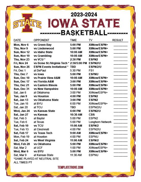 Printable 2023-2024 Iowa State Cyclones Basketball Schedule