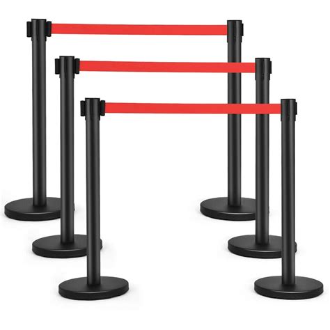 Costway 6Pcs Black Stanchion Posts Queue Pole Retractable Red Belt Crowd Control Barrier ...