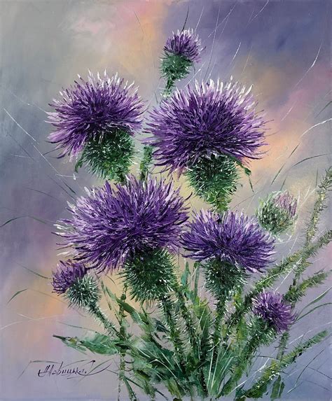 Thistle Oil Painting Original Floral Art Botanical Painting Wildflower Art Plant Artwork Thistle ...