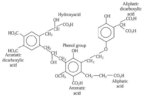 Hypothetical molecular structure of humic acid, showing important... | Download Scientific Diagram