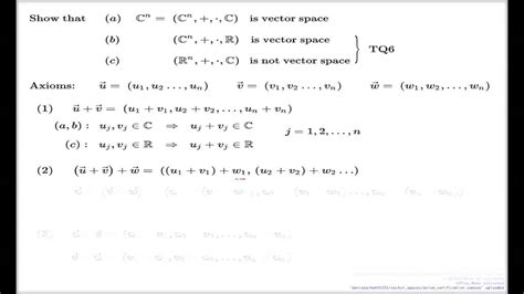 Verifying vector space axioms 1 to 4 -- Example of C^n and Tutorial Q6 - YouTube